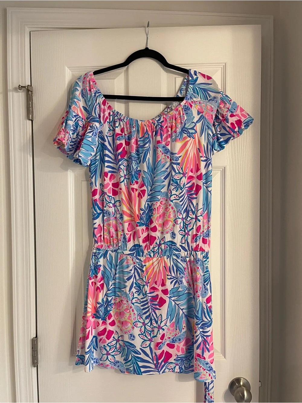 NWT Lilly Pulitzer Off-Shoulder Tropical Print Romper in Pink, Blue & Orange - Picture 2 of 5